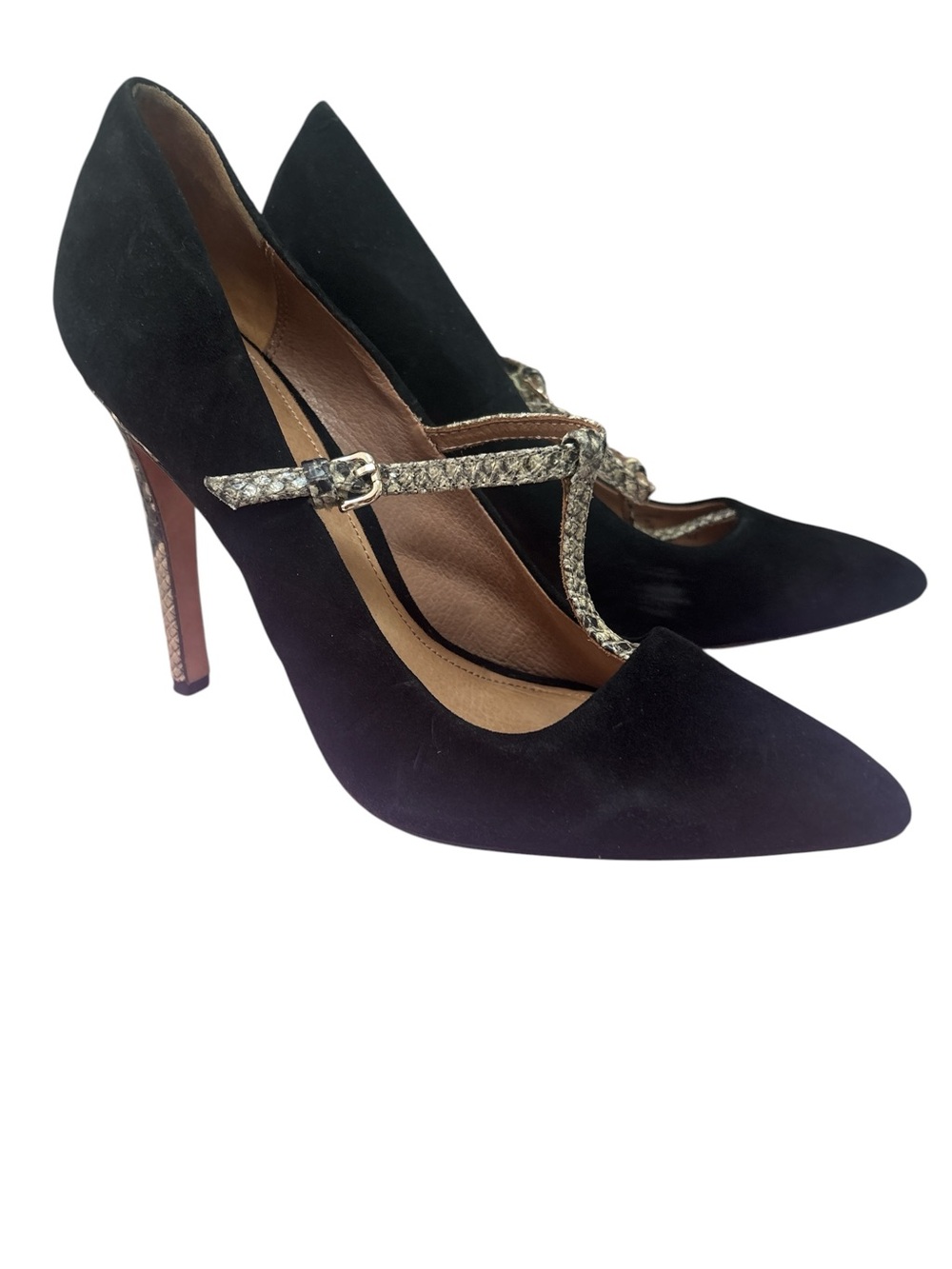 Coach Fulton Black Suede Pointed-Toe Heels with Snake-Print T-Strap
